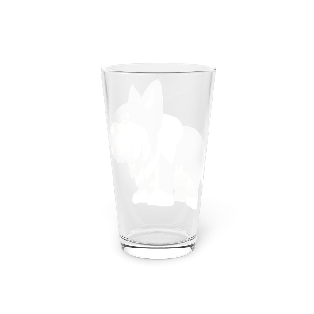 A clear 16oz Black Dog pint glass with custom printed design, showcasing its elegant shape and durable construction.