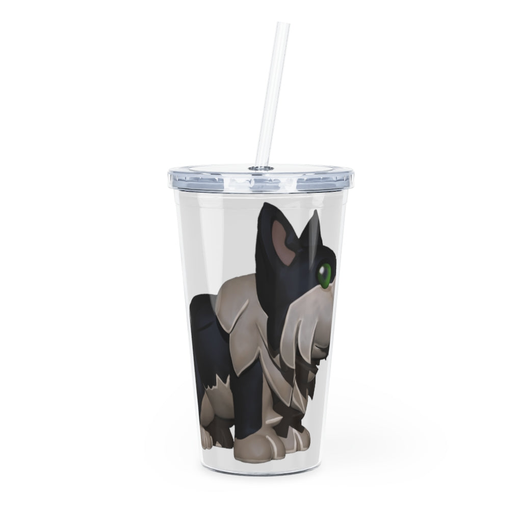 Black Dog Plastic Tumbler with Straw, featuring a customizable design and double wall insulation for drinks.