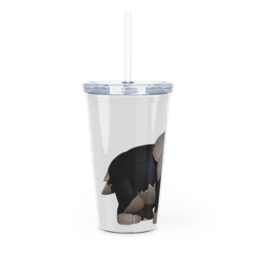 Black Dog Plastic Tumbler with Straw, featuring a customizable design and double wall insulation for drinks.