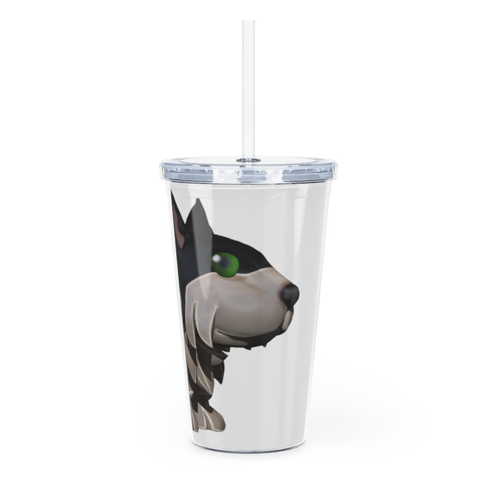 Black Dog Plastic Tumbler with Straw, featuring a customizable design and double wall insulation for drinks.