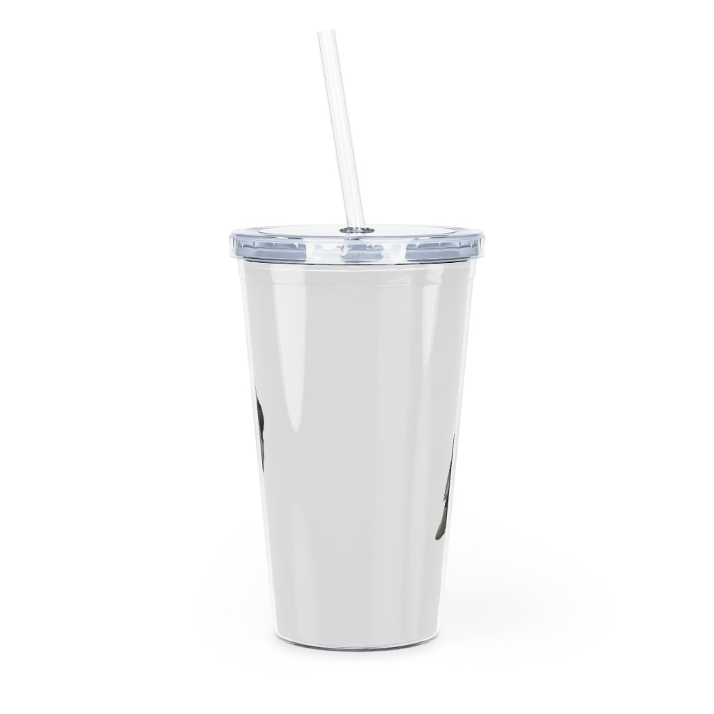 Black Dog Plastic Tumbler with Straw, featuring a customizable design and double wall insulation for drinks.