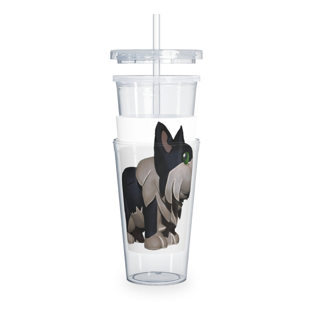 Black Dog Plastic Tumbler with Straw, featuring a customizable design and double wall insulation for drinks.