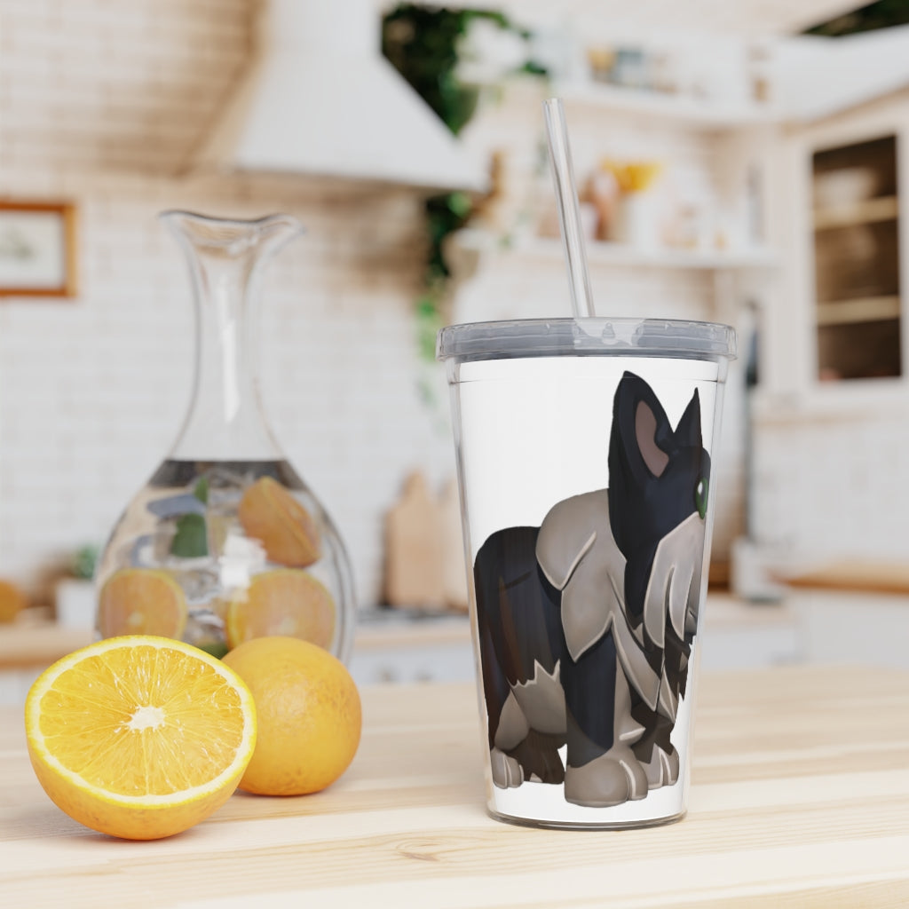 Black Dog Plastic Tumbler with Straw, featuring a customizable design and double wall insulation for drinks.