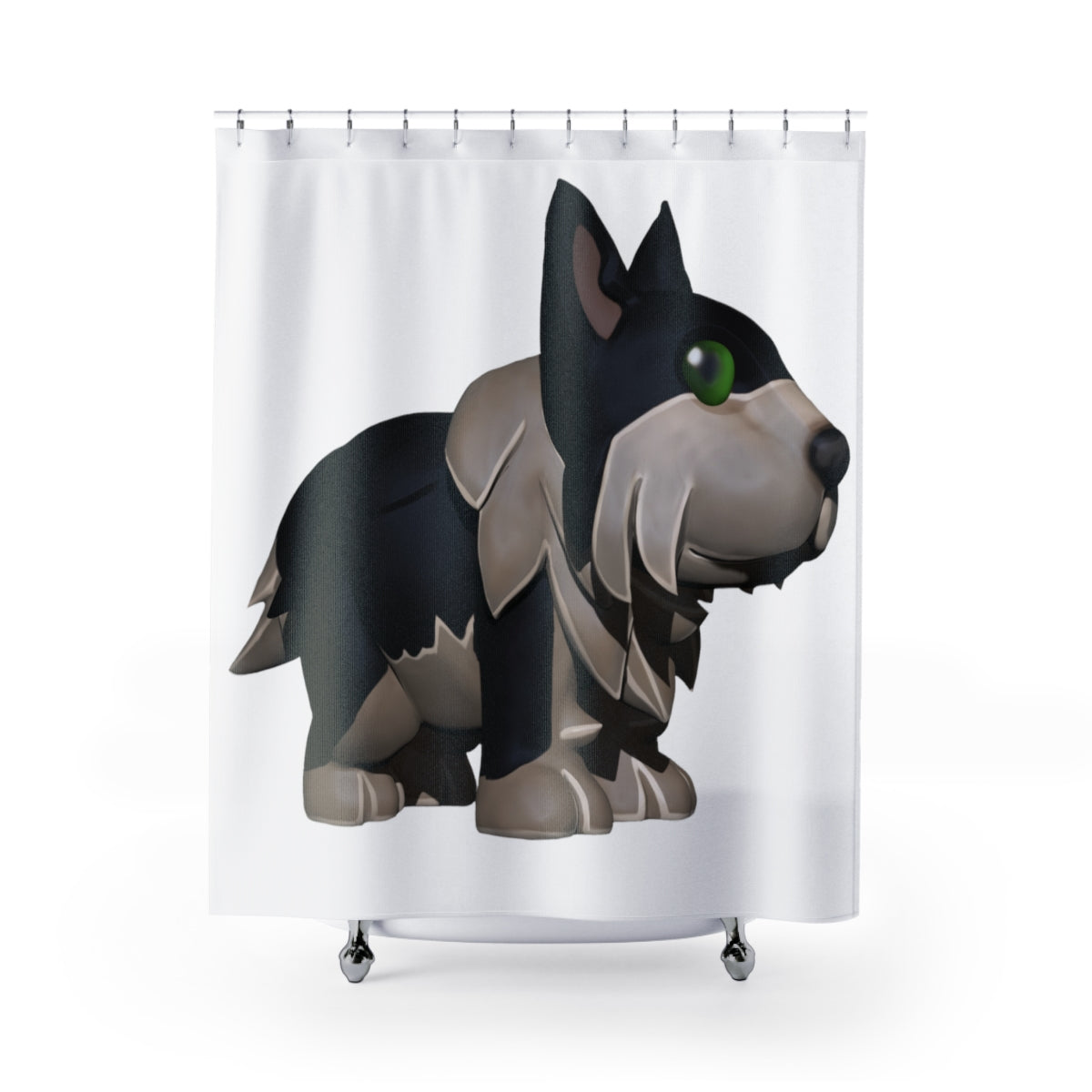 Black Dog Shower Curtain featuring vibrant designs on durable polyester fabric, perfect for adding style to any bathroom.