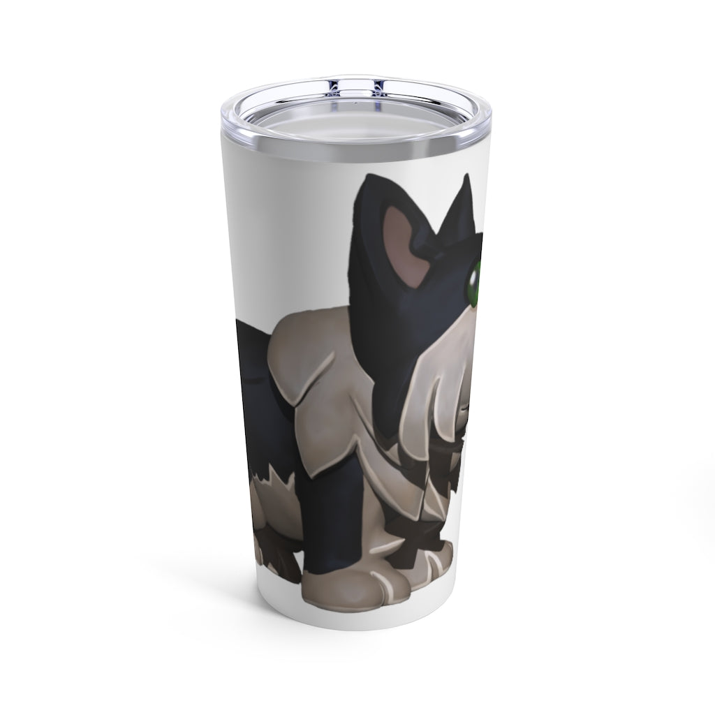 Black Dog Tumbler 20oz in stainless steel with a see-thru plastic lid, showcasing its sleek design and rounded corners.