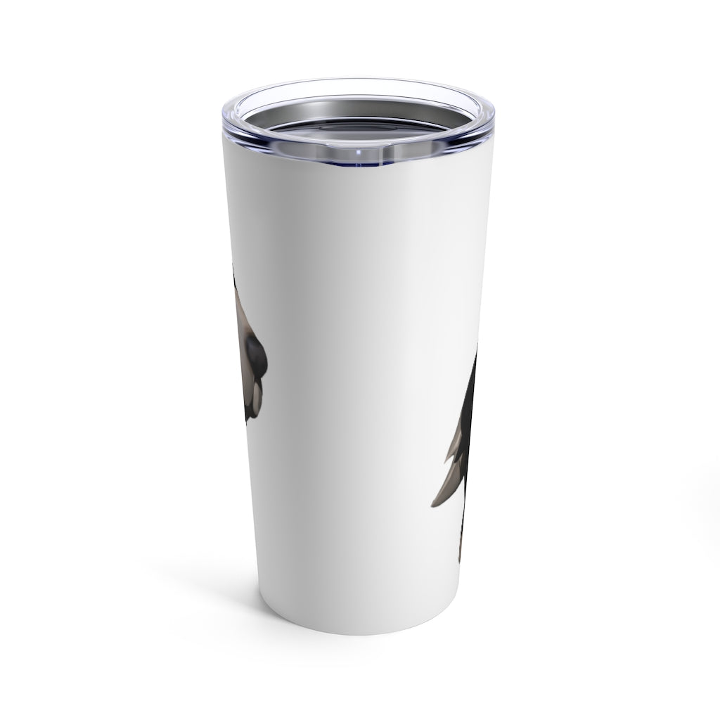 Black Dog Tumbler 20oz in stainless steel with a see-thru plastic lid, showcasing its sleek design and rounded corners.