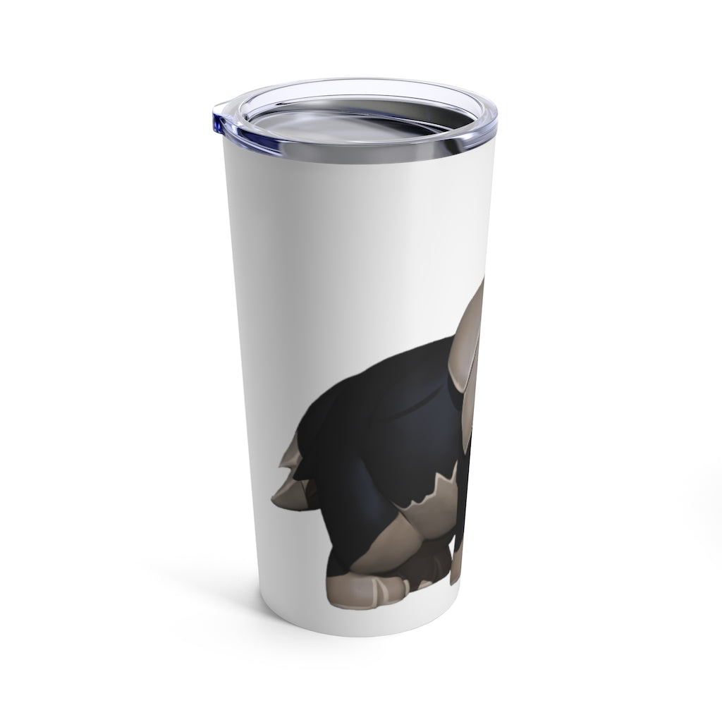 Black Dog Tumbler 20oz in stainless steel with a see-thru plastic lid, showcasing its sleek design and rounded corners.