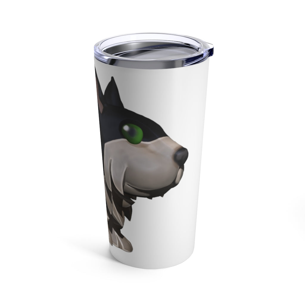 Black Dog Tumbler 20oz in stainless steel with a see-thru plastic lid, showcasing its sleek design and rounded corners.