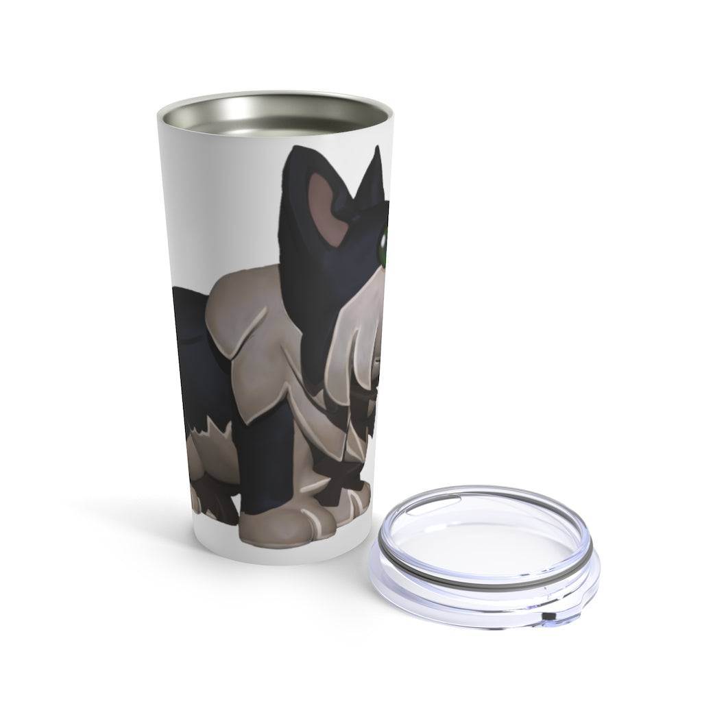 Black Dog Tumbler 20oz in stainless steel with a see-thru plastic lid, showcasing its sleek design and rounded corners.