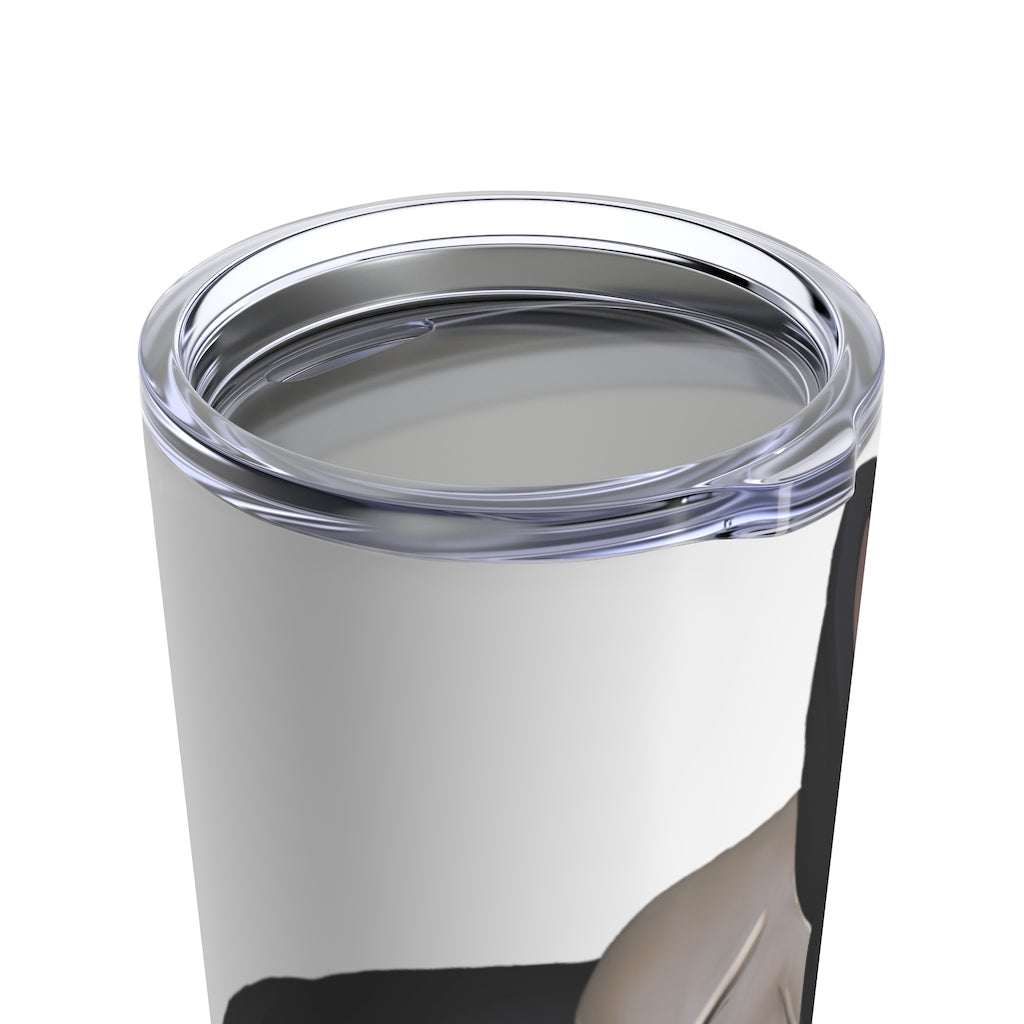 Black Dog Tumbler 20oz in stainless steel with a see-thru plastic lid, showcasing its sleek design and rounded corners.