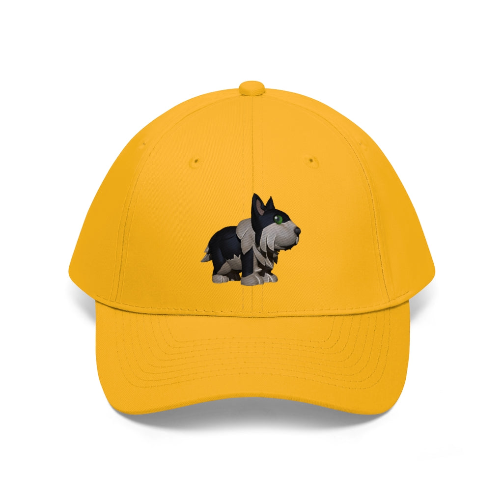 Black Dog Unisex Twill Hat featuring a classic 6-panel design, adjustable Velcro closure, and made from 100% cotton twill for durability.