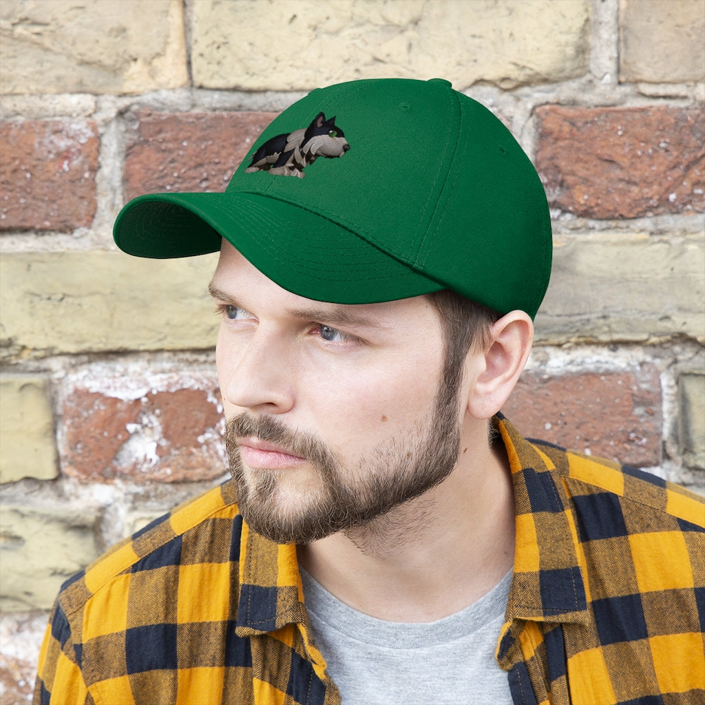 Black Dog Unisex Twill Hat featuring a classic 6-panel design, adjustable Velcro closure, and made from 100% cotton twill for durability.