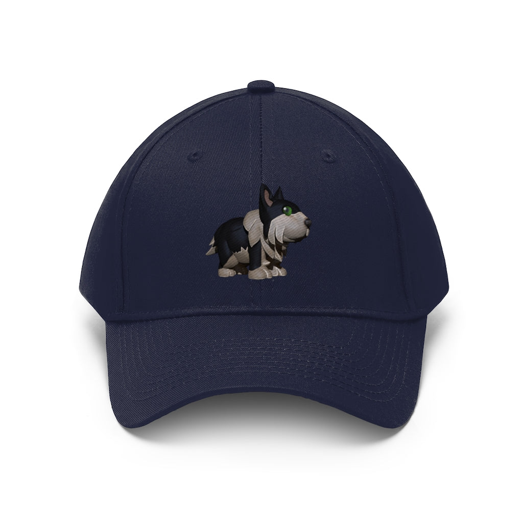 Black Dog Unisex Twill Hat featuring a classic 6-panel design, adjustable Velcro closure, and made from 100% cotton twill for durability.