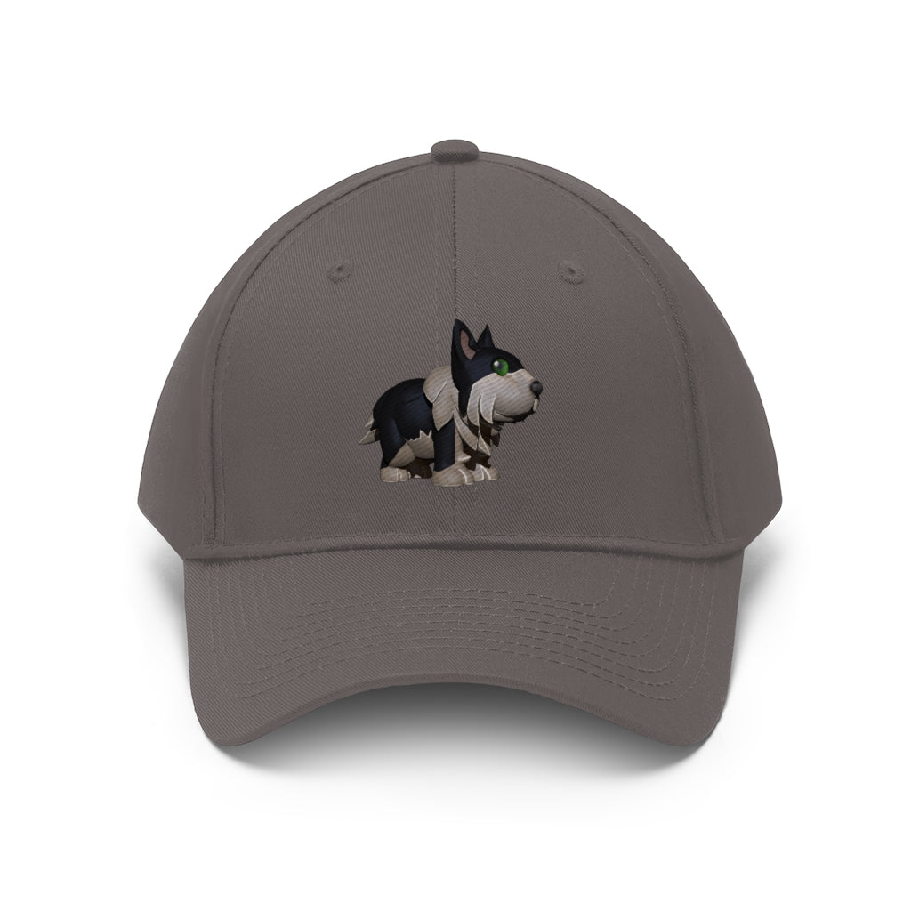 Black Dog Unisex Twill Hat featuring a classic 6-panel design, adjustable Velcro closure, and made from 100% cotton twill for durability.