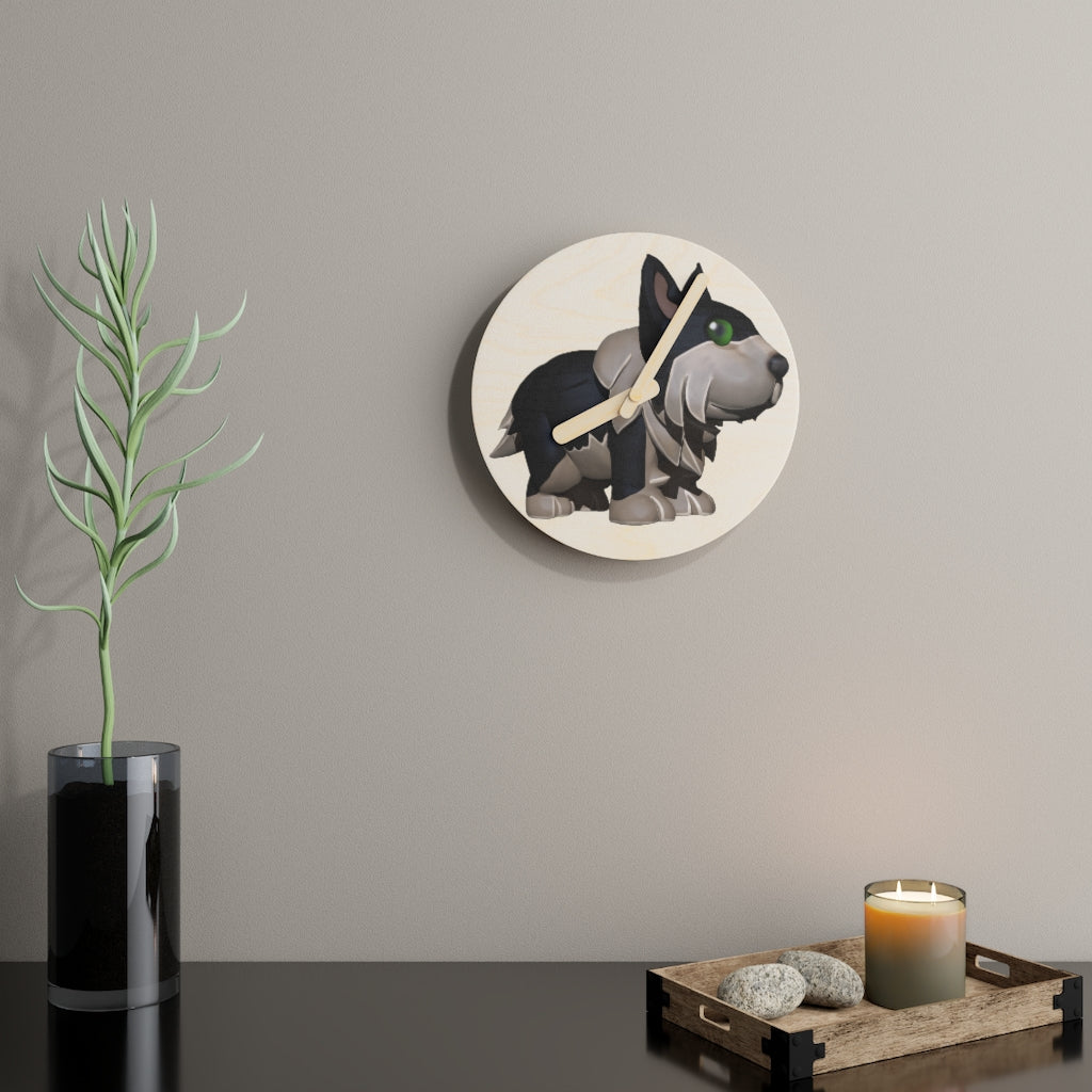 Black Dog Wooden Wall Clock made from sustainable birch plywood, featuring a minimalist design suitable for indoor decor.