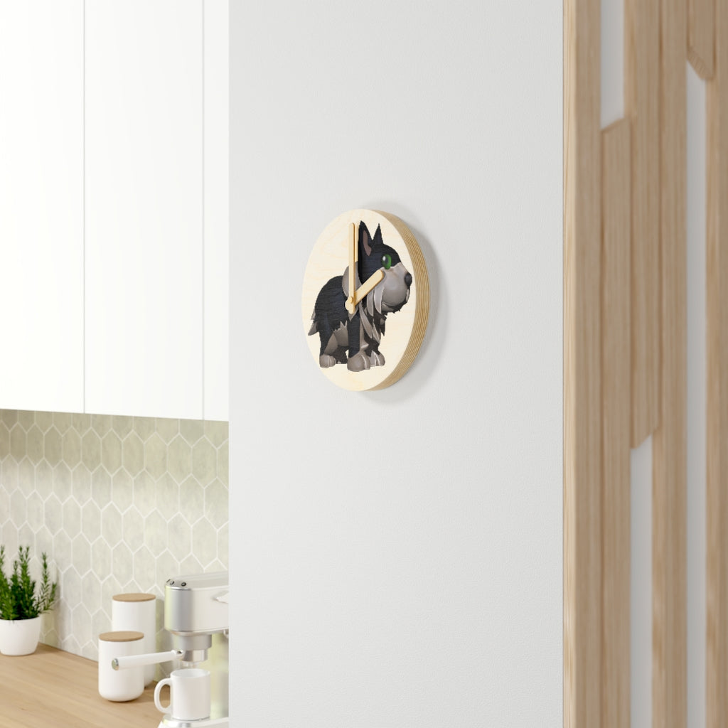 Black Dog Wooden Wall Clock made from sustainable birch plywood, featuring a minimalist design suitable for indoor decor.