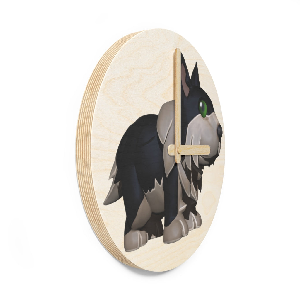 Black Dog Wooden Wall Clock made from sustainable birch plywood, featuring a minimalist design suitable for indoor decor.