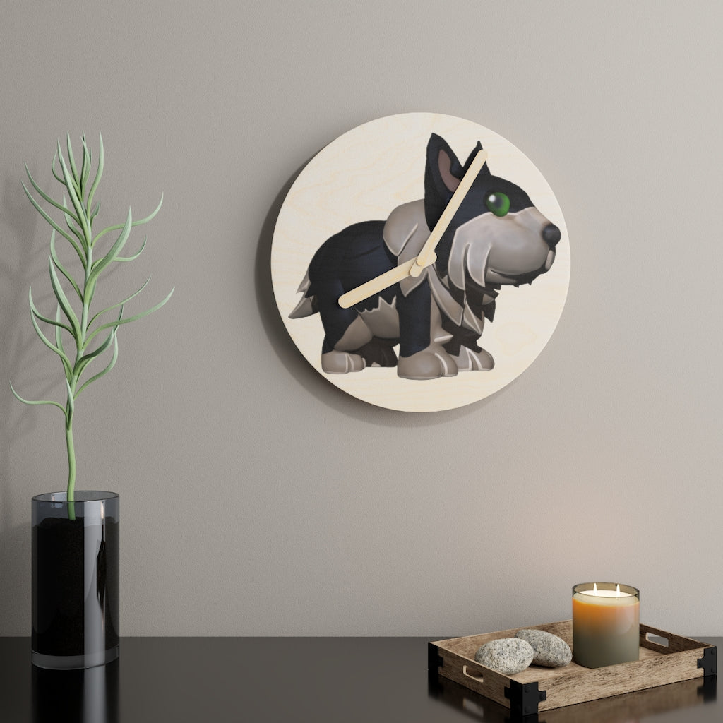 Black Dog Wooden Wall Clock made from sustainable birch plywood, featuring a minimalist design suitable for indoor decor.