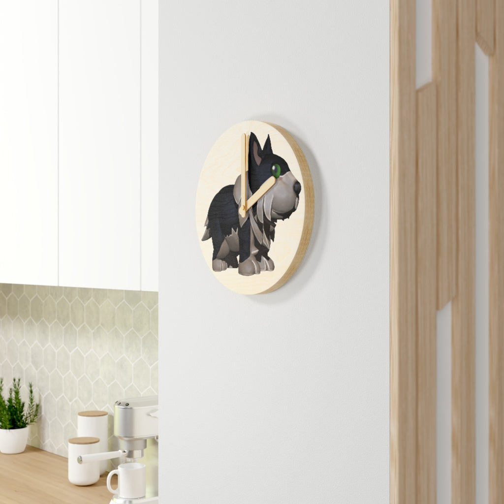 Black Dog Wooden Wall Clock made from sustainable birch plywood, featuring a minimalist design suitable for indoor decor.