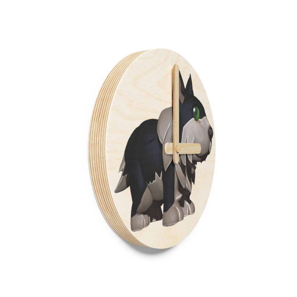 Black Dog Wooden Wall Clock made from sustainable birch plywood, featuring a minimalist design suitable for indoor decor.