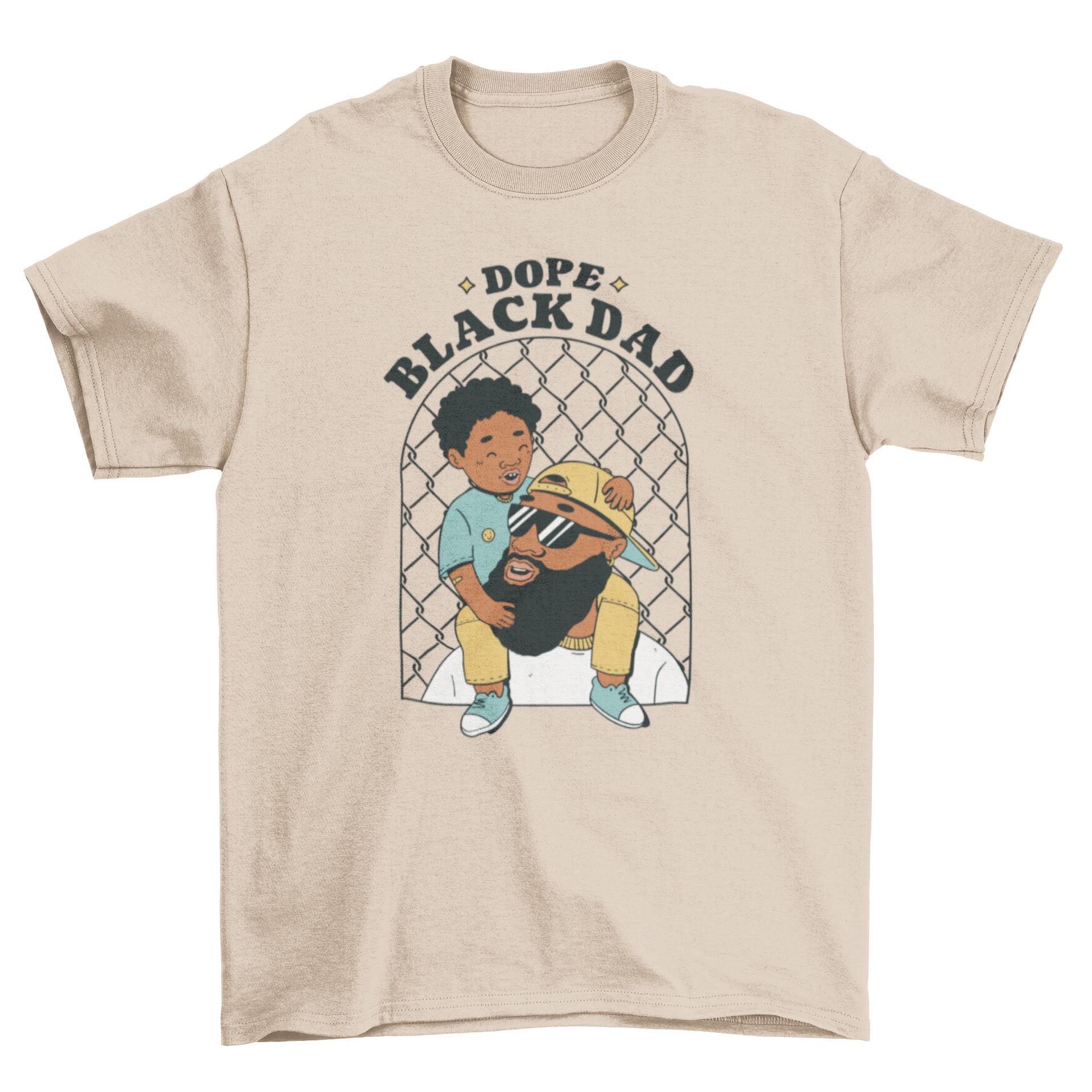 Black father and child t-shirt featuring a heartwarming design and the quote 'Dope black dad'.