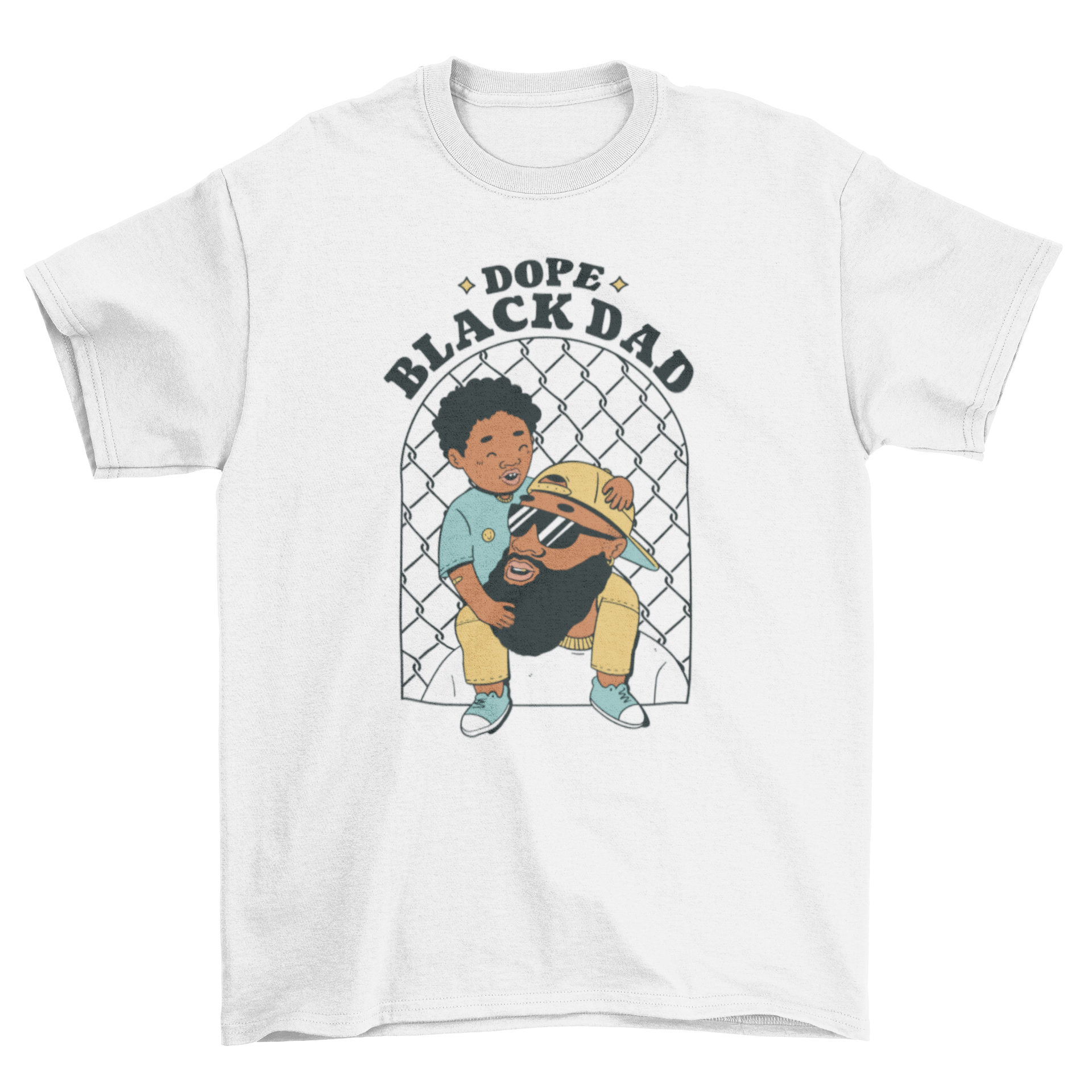 Black father and child t-shirt featuring a heartwarming design and the quote 'Dope black dad'.