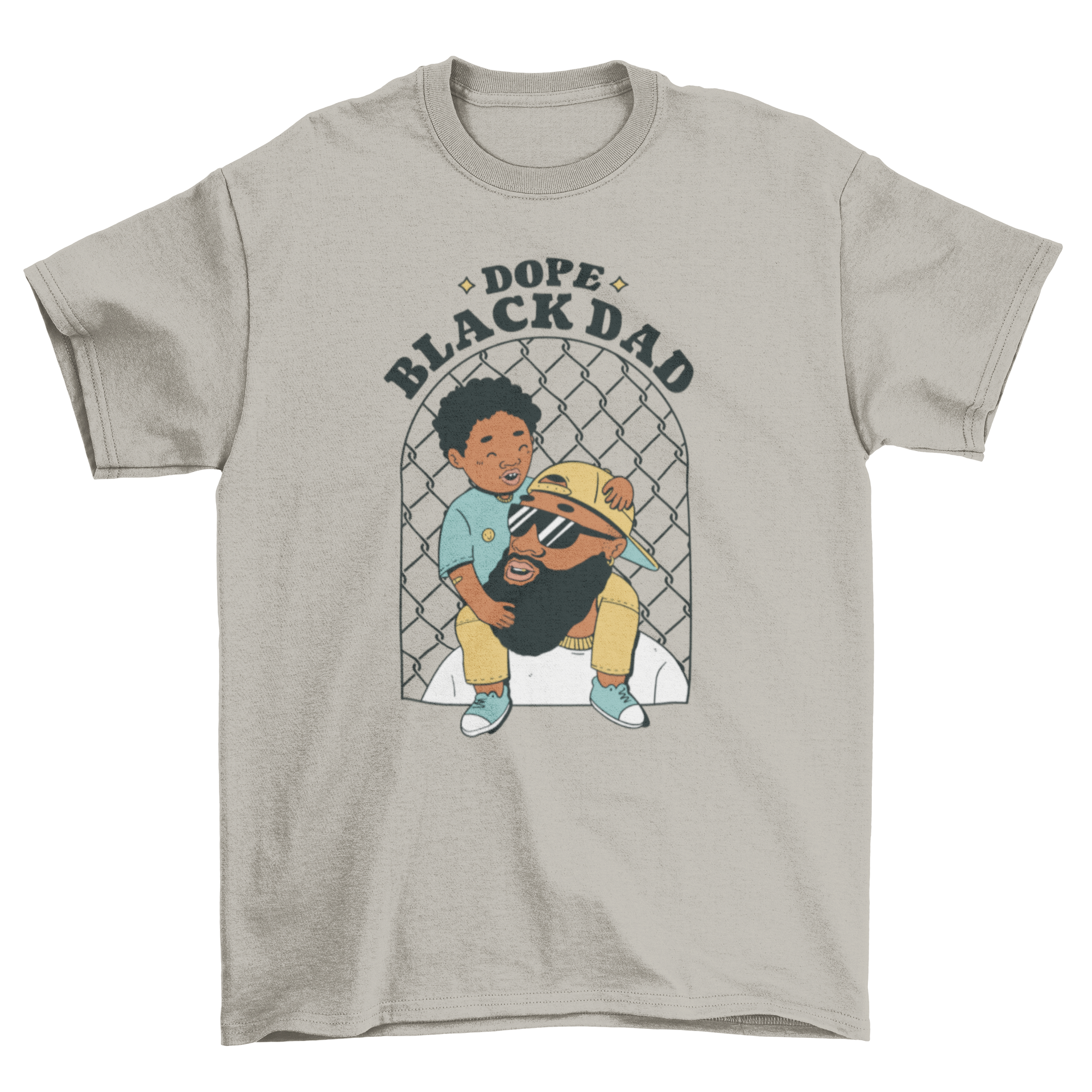 Black father and child t-shirt featuring a heartwarming design and the quote 'Dope black dad'.