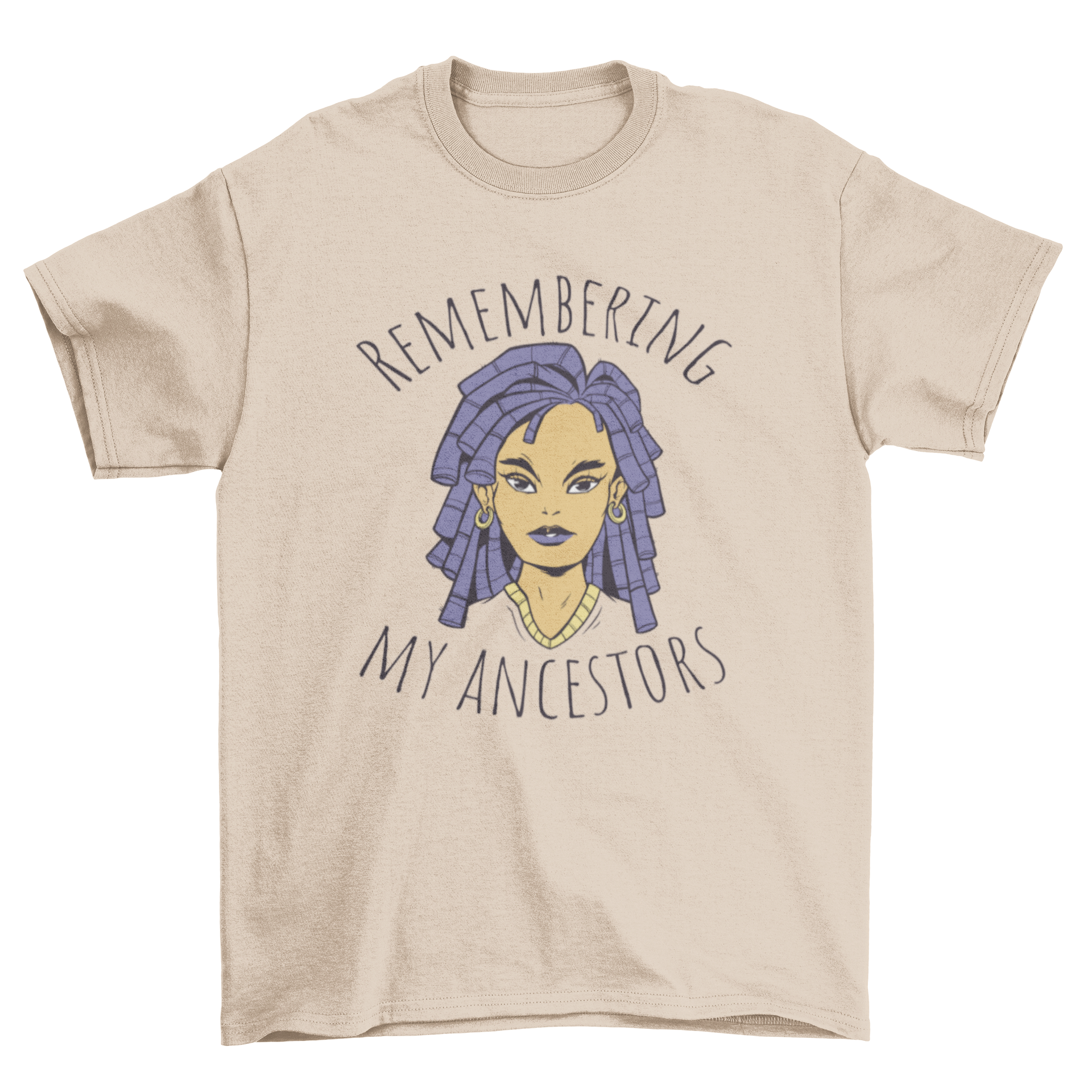 Black history ancestors quote t-shirt featuring a portrait of a black woman and the quote 'Remembering my ancestors'.