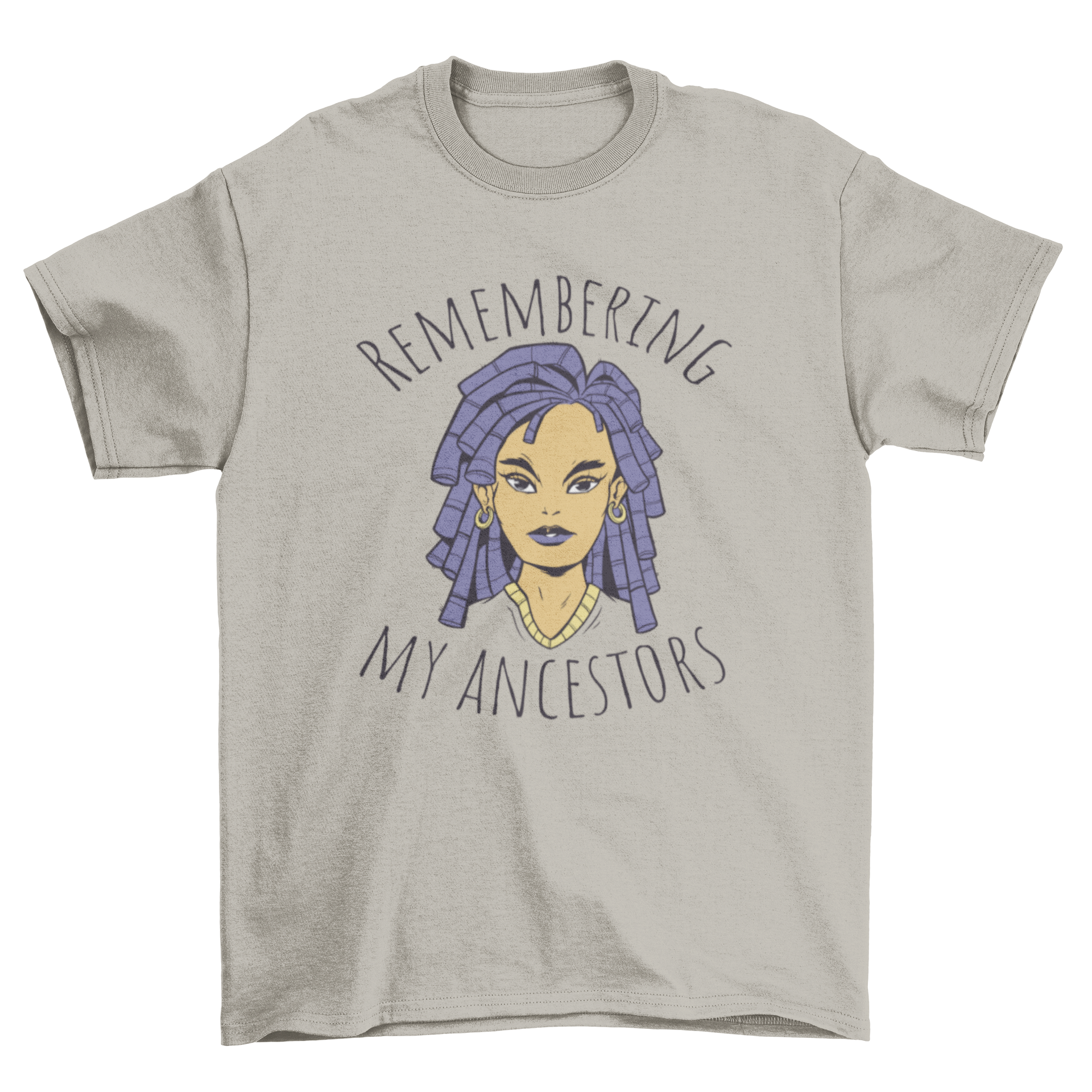 Black history ancestors quote t-shirt featuring a portrait of a black woman and the quote 'Remembering my ancestors'.