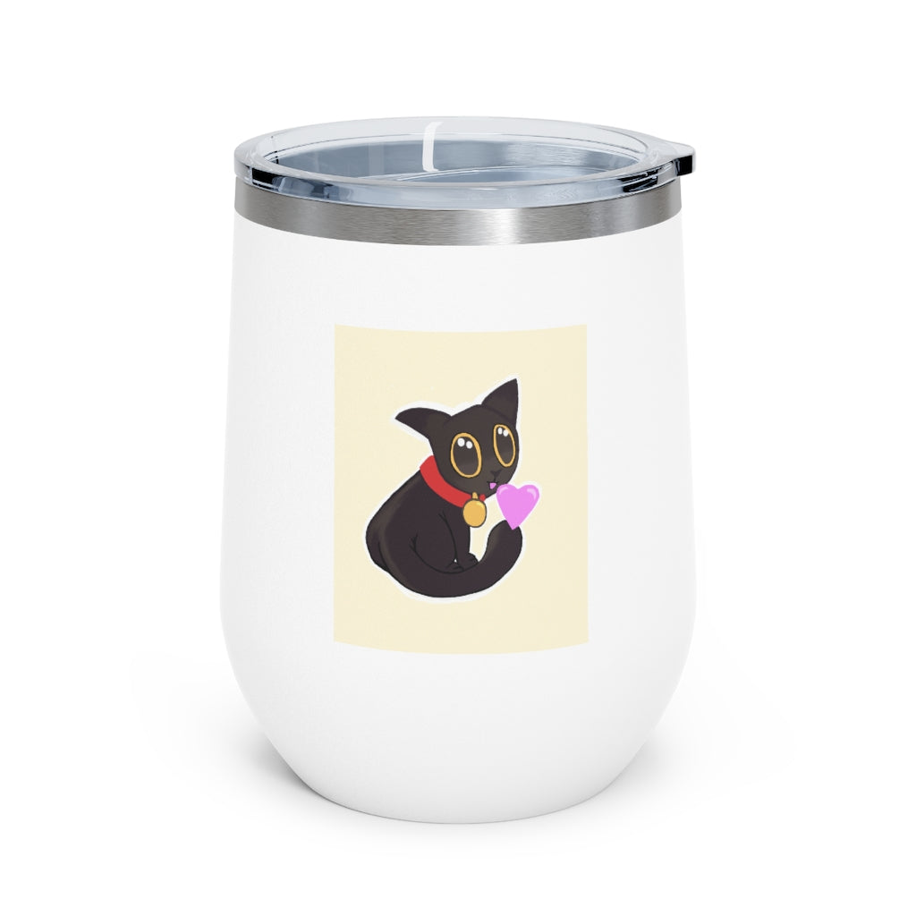 Black Kitty 12oz Insulated Wine Tumbler with clear lid, showcasing its sleek stainless steel design and vibrant artwork.