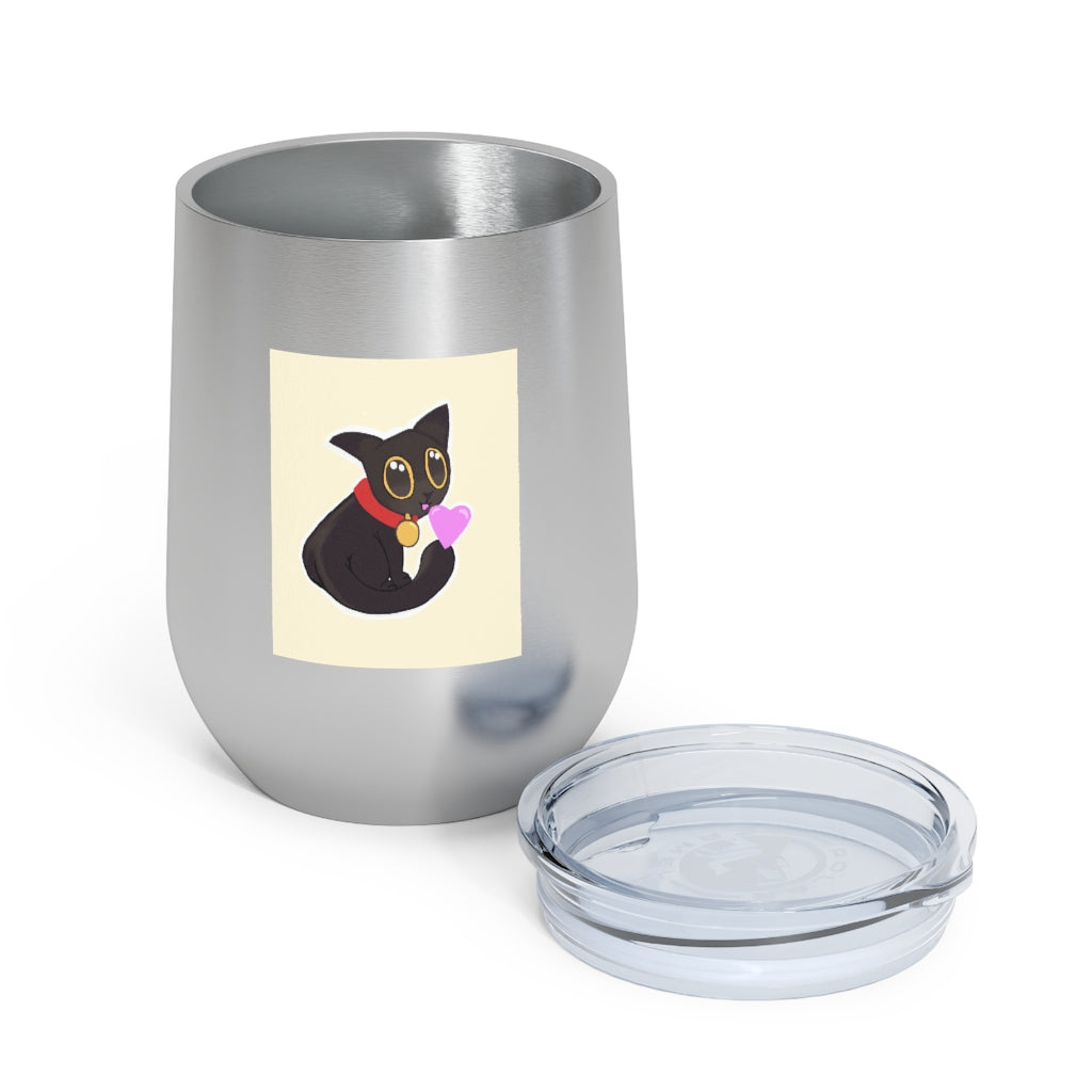 Black Kitty 12oz Insulated Wine Tumbler with clear lid, showcasing its sleek stainless steel design and vibrant artwork.