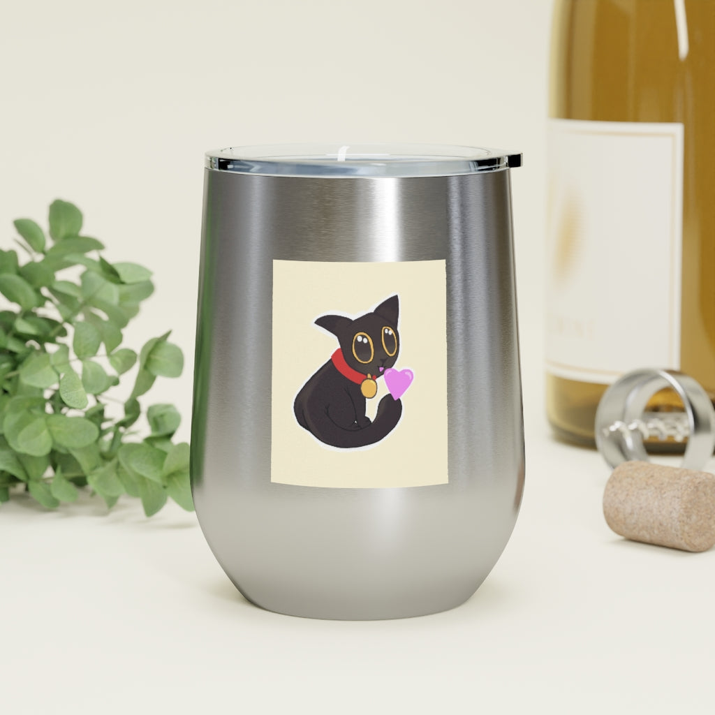 Black Kitty 12oz Insulated Wine Tumbler with clear lid, showcasing its sleek stainless steel design and vibrant artwork.