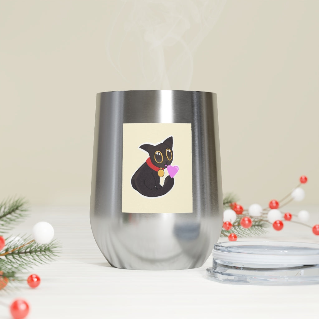 Black Kitty 12oz Insulated Wine Tumbler with clear lid, showcasing its sleek stainless steel design and vibrant artwork.