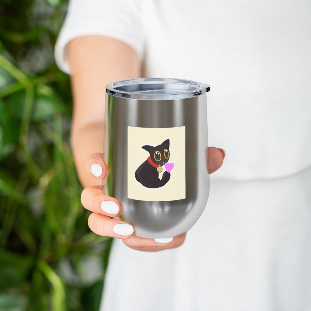 Black Kitty 12oz Insulated Wine Tumbler with clear lid, showcasing its sleek stainless steel design and vibrant artwork.