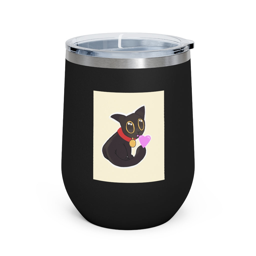 Black Kitty 12oz Insulated Wine Tumbler with clear lid, showcasing its sleek stainless steel design and vibrant artwork.