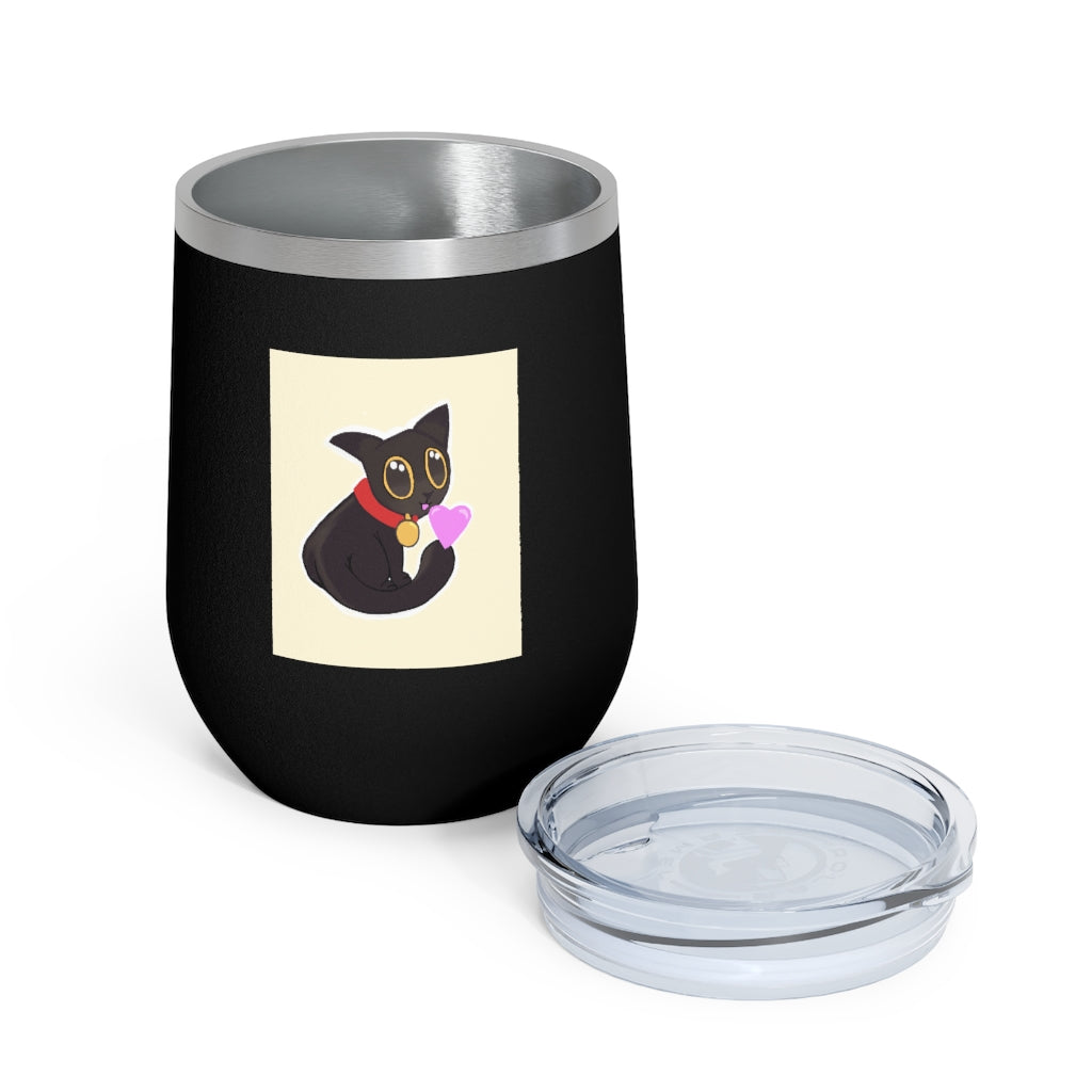 Black Kitty 12oz Insulated Wine Tumbler with clear lid, showcasing its sleek stainless steel design and vibrant artwork.