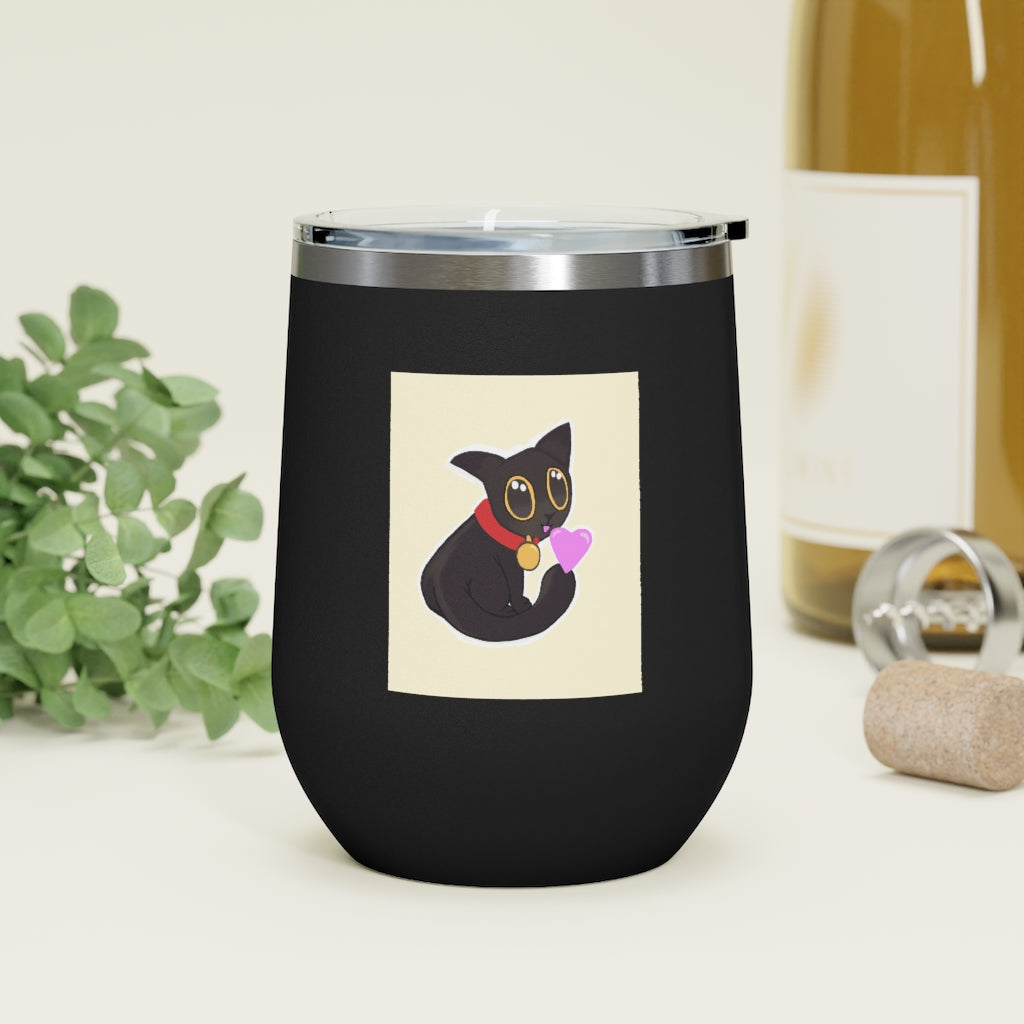 Black Kitty 12oz Insulated Wine Tumbler with clear lid, showcasing its sleek stainless steel design and vibrant artwork.