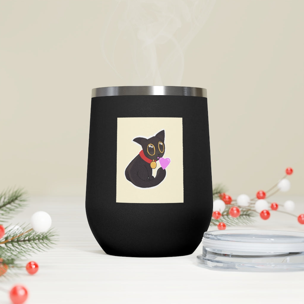 Black Kitty 12oz Insulated Wine Tumbler with clear lid, showcasing its sleek stainless steel design and vibrant artwork.