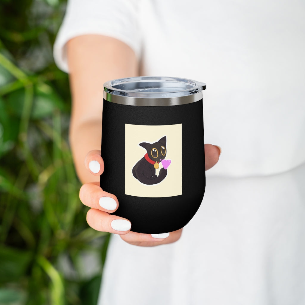 Black Kitty 12oz Insulated Wine Tumbler with clear lid, showcasing its sleek stainless steel design and vibrant artwork.