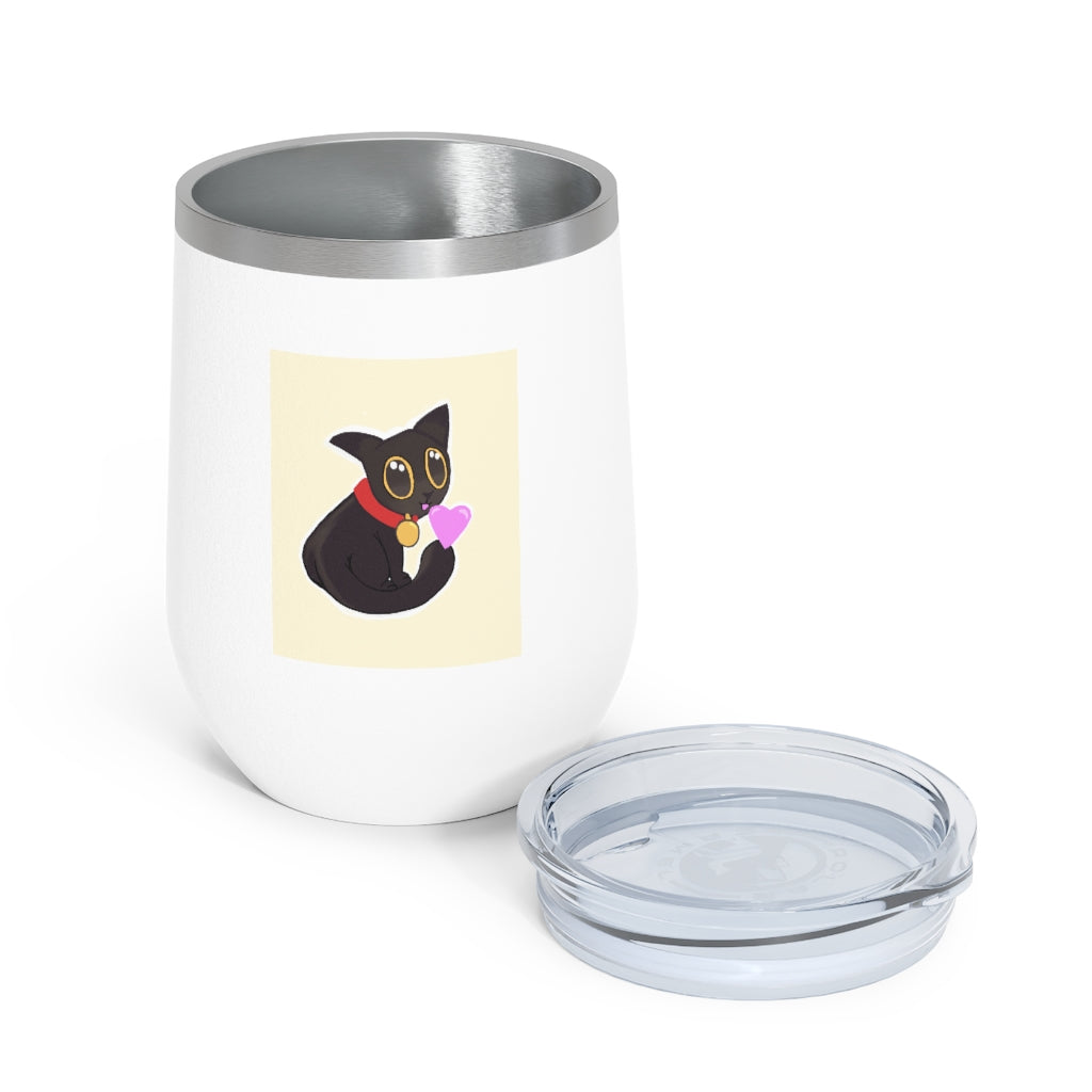 Black Kitty 12oz Insulated Wine Tumbler with clear lid, showcasing its sleek stainless steel design and vibrant artwork.