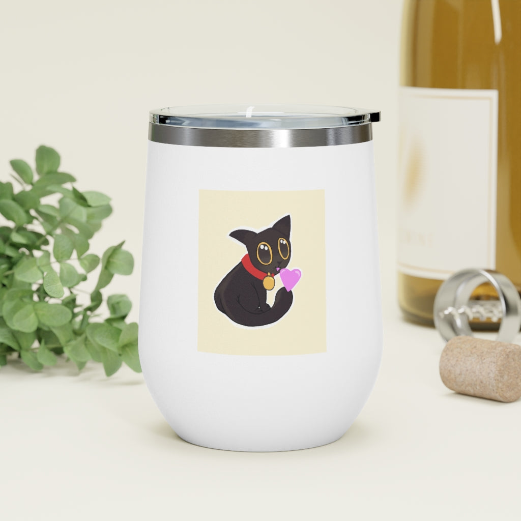 Black Kitty 12oz Insulated Wine Tumbler with clear lid, showcasing its sleek stainless steel design and vibrant artwork.