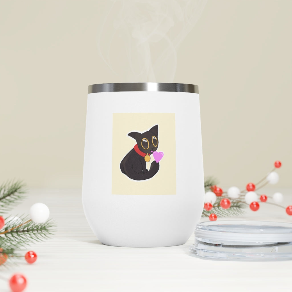 Black Kitty 12oz Insulated Wine Tumbler with clear lid, showcasing its sleek stainless steel design and vibrant artwork.