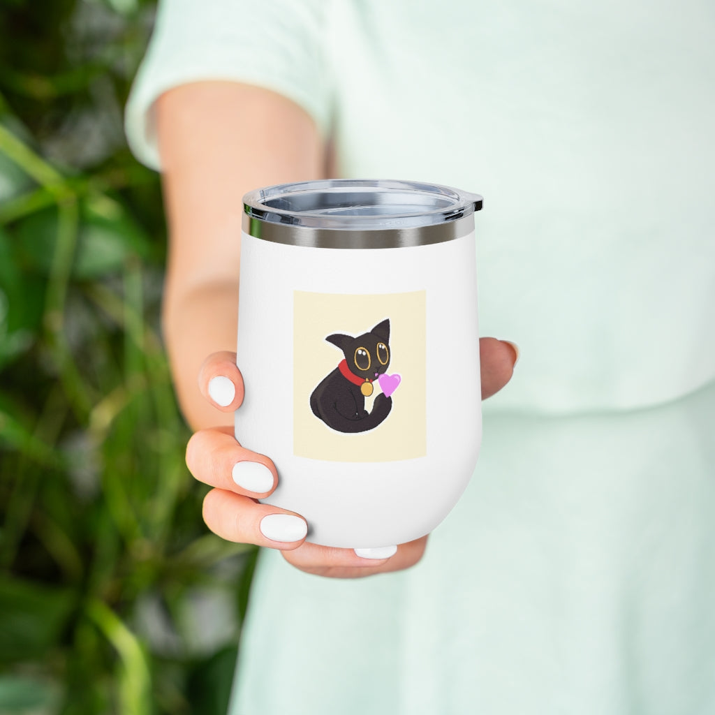 Black Kitty 12oz Insulated Wine Tumbler with clear lid, showcasing its sleek stainless steel design and vibrant artwork.