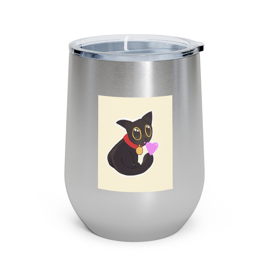 Black Kitty 12oz Insulated Wine Tumbler with clear lid, showcasing its sleek stainless steel design and vibrant artwork.