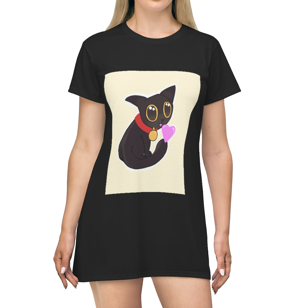 Black Kitty All Over Print T-Shirt Dress featuring playful kitty designs on a lightweight fabric.