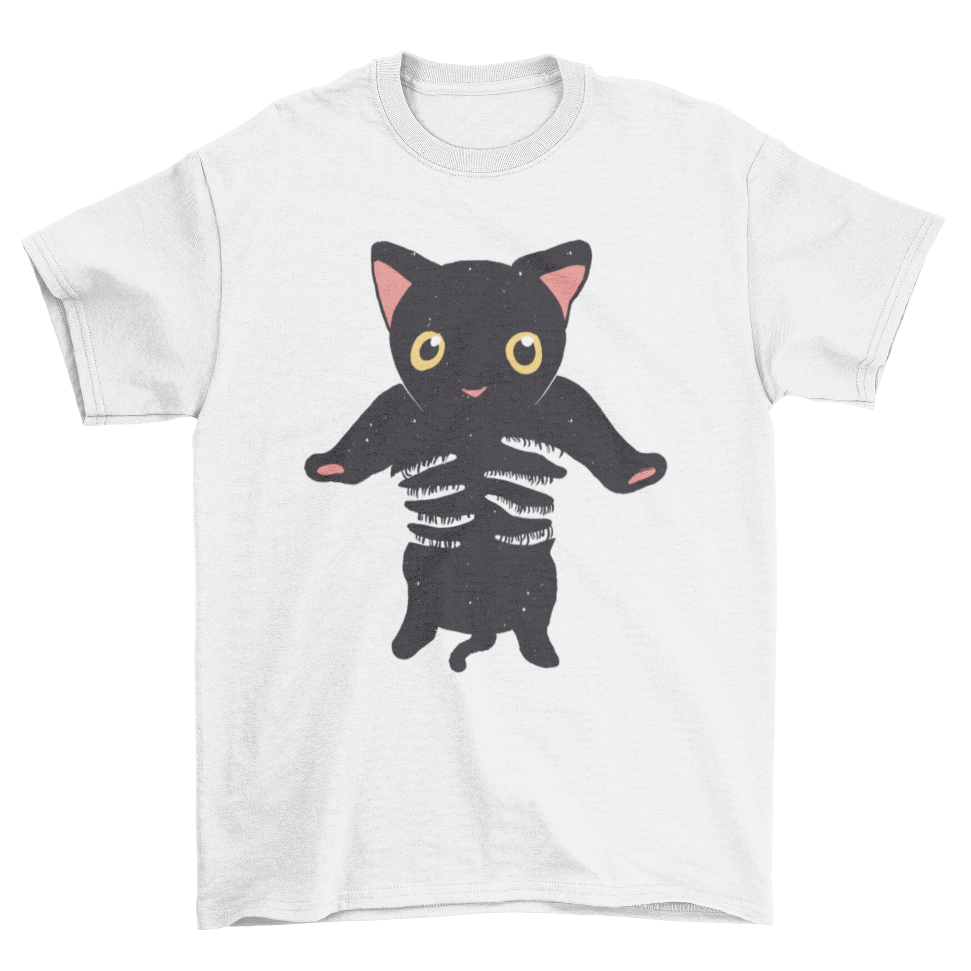 A black t-shirt featuring a design of two transparent hands holding a black cat, symbolizing love for felines.