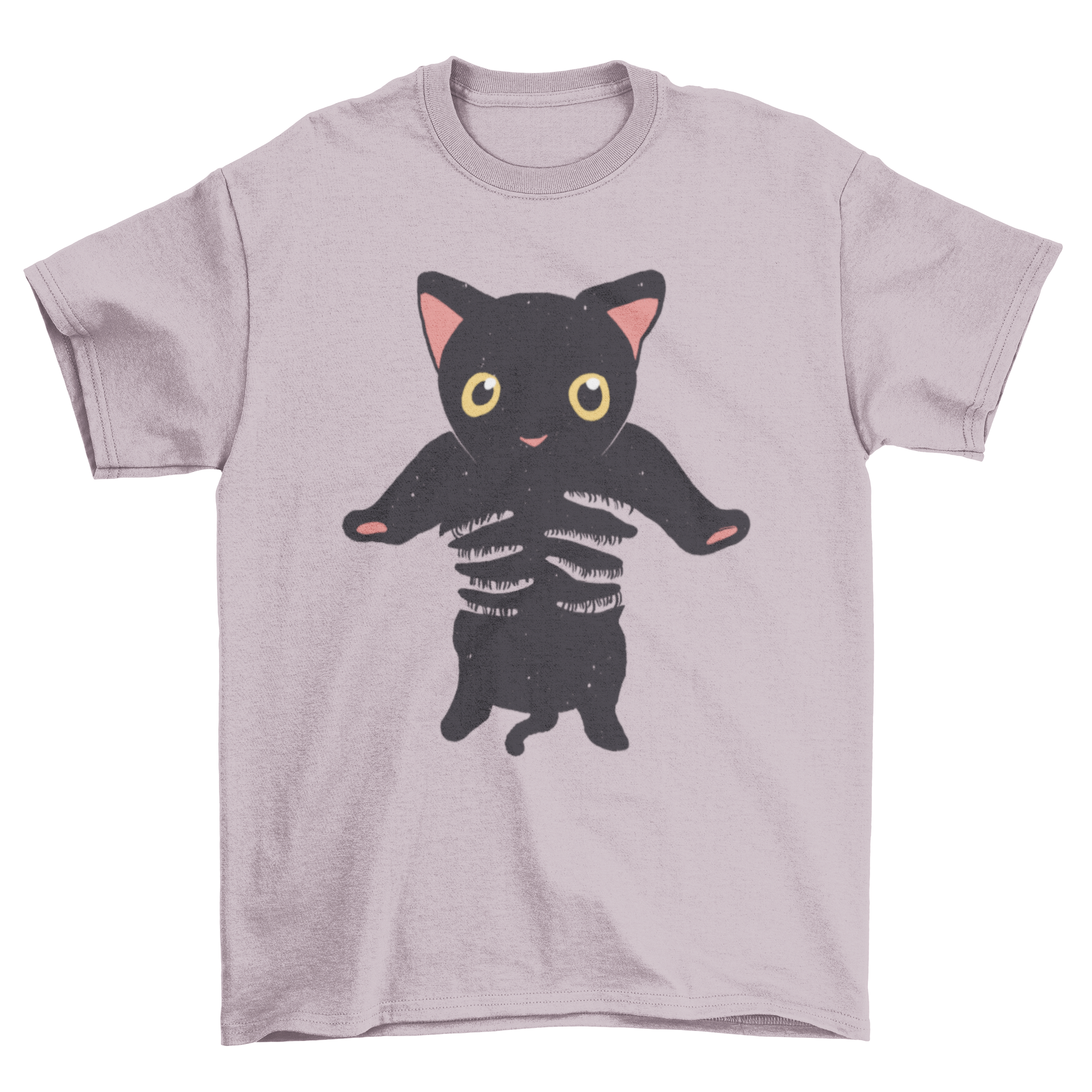 A black t-shirt featuring a design of two transparent hands holding a black cat, symbolizing love for felines.