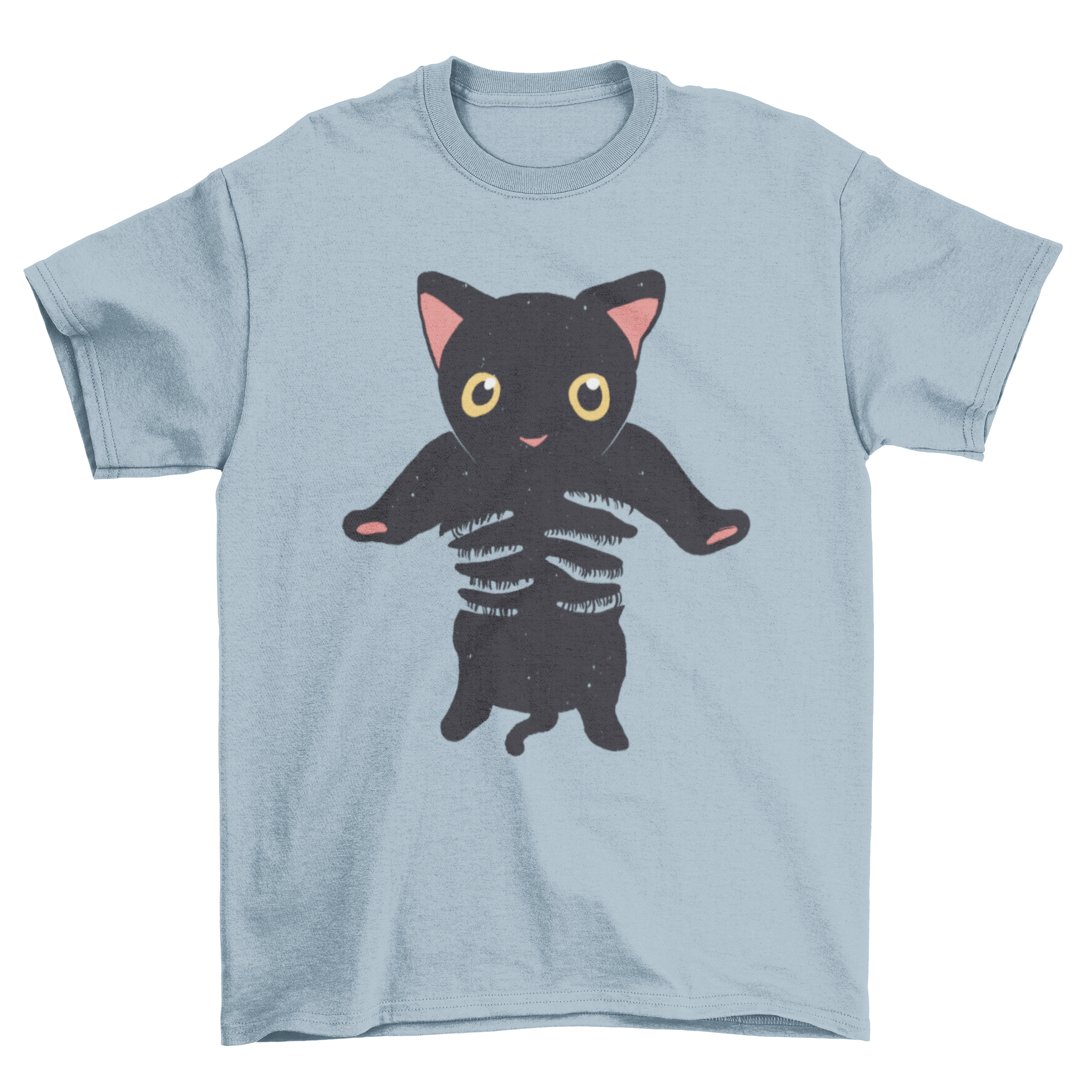 A black t-shirt featuring a design of two transparent hands holding a black cat, symbolizing love for felines.