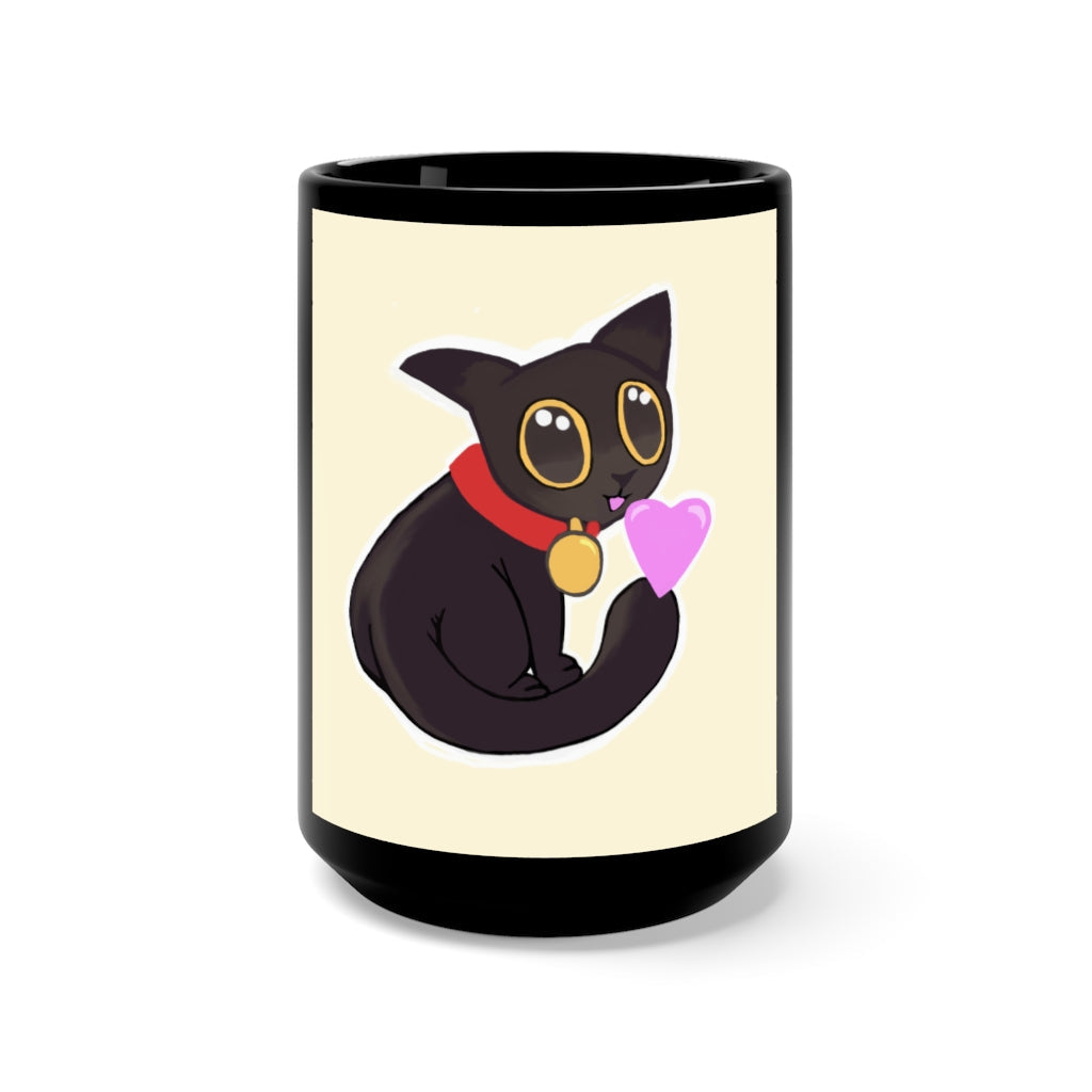 Black Kitty Black Mug 15oz with rounded corners and C-handle, showcasing a sleek black ceramic design.