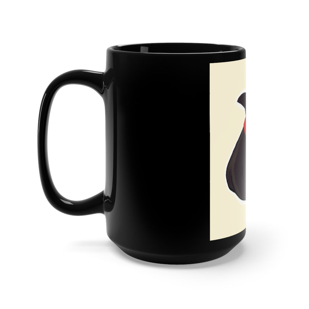 Black Kitty Black Mug 15oz with rounded corners and C-handle, showcasing a sleek black ceramic design.